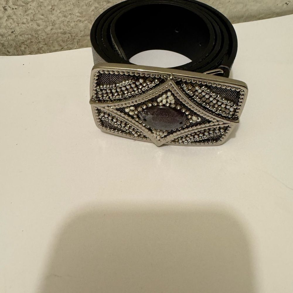 Chico's Black Belt with Decorative Silver-Tone Beaded Buckle